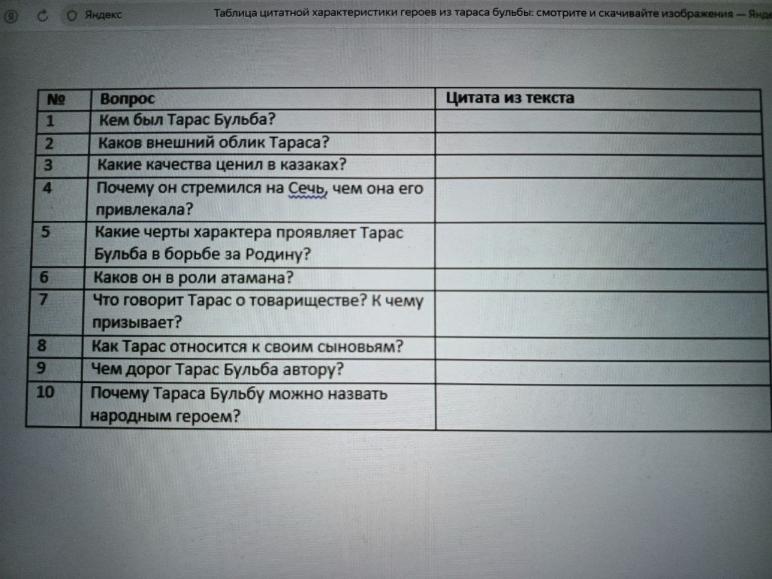Изображение задачи: Сделай ответы цитатами из текста Тарас Бульба  Отв
