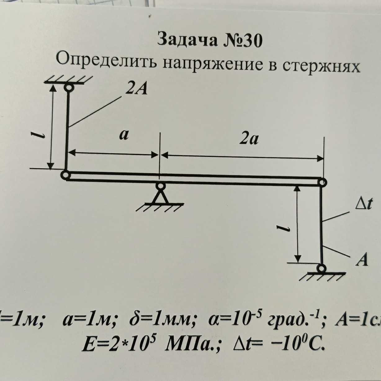 Изображение задачи: Реши задачу: Определить напряжение в стержнях